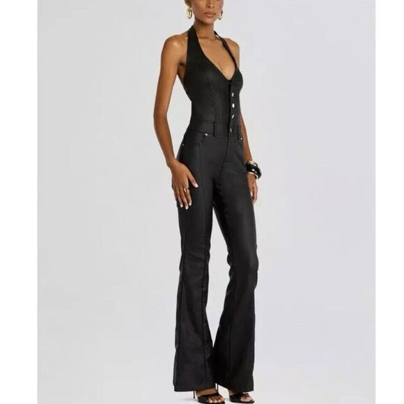 Retrofête Cynthia Jumpsuit Black Coated Flared Leg Retro Revolve Women’s Size S - Picture 5 of 16